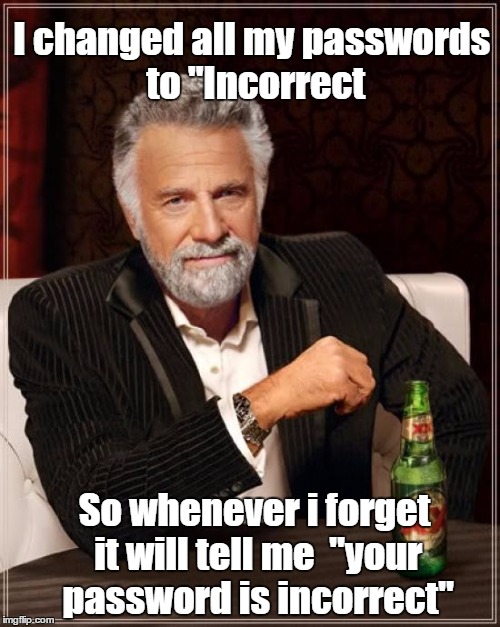 :V No idea for title sry¯_(ツ)_/¯ | I changed all my passwords to "Incorrect; So whenever i forget it will tell me 
"your password is incorrect" | image tagged in memes,the most interesting man in the world | made w/ Imgflip meme maker