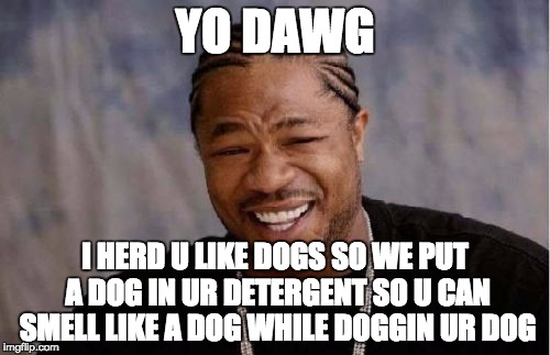 Yo Dawg Heard You Meme | YO DAWG; I HERD U LIKE DOGS SO WE PUT A DOG IN UR DETERGENT SO U CAN SMELL LIKE A DOG WHILE DOGGIN UR DOG | image tagged in memes,yo dawg heard you | made w/ Imgflip meme maker