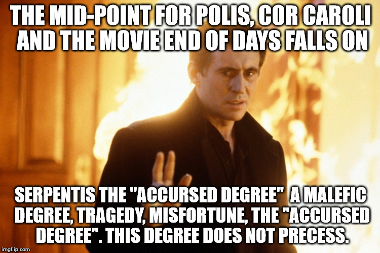 Astrology of The Devil. | THE MID-POINT FOR POLIS, COR CAROLI AND THE MOVIE END OF DAYS FALLS ON; SERPENTIS
THE "ACCURSED DEGREE" 	A MALEFIC DEGREE, TRAGEDY, MISFORTUNE, THE "ACCURSED DEGREE". THIS DEGREE DOES NOT PRECESS. | image tagged in satan,astrology,the devil | made w/ Imgflip meme maker