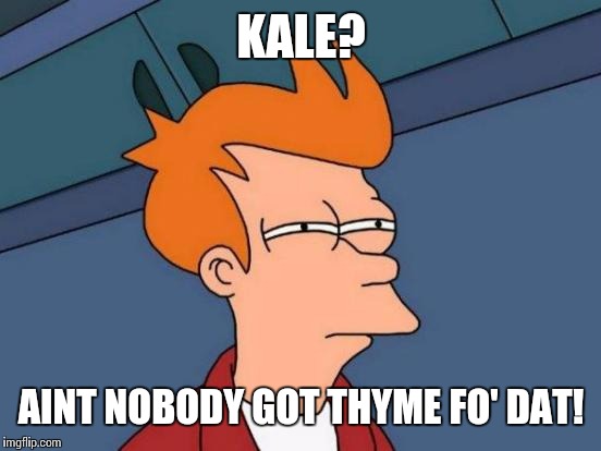 Futurama Fry Meme | KALE? AINT NOBODY GOT THYME FO' DAT! | image tagged in memes,futurama fry | made w/ Imgflip meme maker