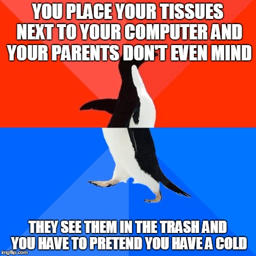 Socially Awesome Awkward Penguin Meme | YOU PLACE YOUR TISSUES NEXT TO YOUR COMPUTER AND YOUR PARENTS DON'T EVEN MIND THEY SEE THEM IN THE TRASH AND YOU HAVE TO PRETEND YOU HAVE A  | image tagged in memes,socially awesome awkward penguin | made w/ Imgflip meme maker