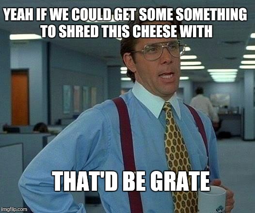 That'd really be grate  | YEAH IF WE COULD GET SOME SOMETHING TO SHRED THIS CHEESE WITH; THAT'D BE GRATE | image tagged in memes,that would be great,cheese | made w/ Imgflip meme maker