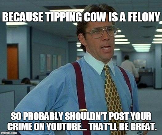 That Would Be Great Meme | BECAUSE TIPPING COW IS A FELONY SO PROBABLY SHOULDN'T POST YOUR CRIME ON YOUTUBE... THAT'LL BE GREAT. | image tagged in memes,that would be great | made w/ Imgflip meme maker