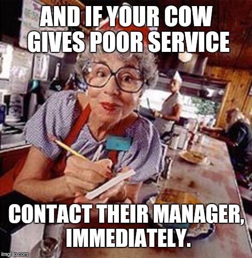 AND IF YOUR COW GIVES POOR SERVICE CONTACT THEIR MANAGER, IMMEDIATELY. | made w/ Imgflip meme maker