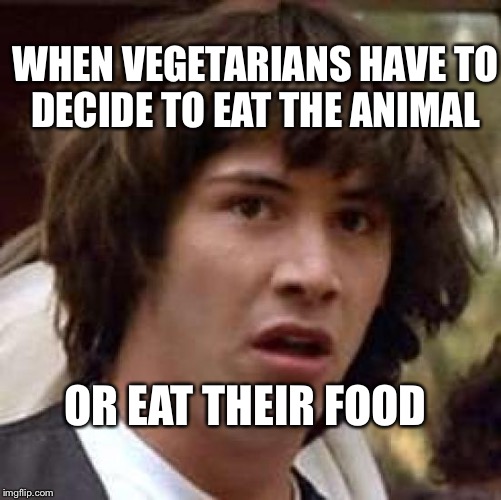 Conspiracy Keanu Meme | WHEN VEGETARIANS HAVE TO DECIDE TO EAT THE ANIMAL; OR EAT THEIR FOOD | image tagged in memes,conspiracy keanu | made w/ Imgflip meme maker