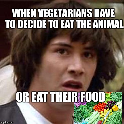 Conspiracy Keanu Meme | WHEN VEGETARIANS HAVE TO DECIDE TO EAT THE ANIMAL; OR EAT THEIR FOOD | image tagged in memes,conspiracy keanu | made w/ Imgflip meme maker