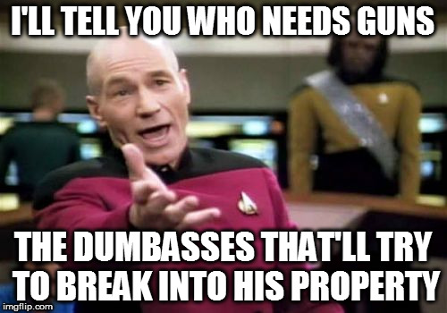 Picard Wtf Meme | I'LL TELL YOU WHO NEEDS GUNS THE DUMBASSES THAT'LL TRY TO BREAK INTO HIS PROPERTY | image tagged in memes,picard wtf | made w/ Imgflip meme maker