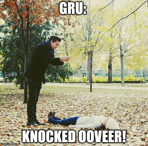 Gru Exisits? | GRU:; KNOCKED OOVEER! | image tagged in minion,gru,instagram | made w/ Imgflip meme maker