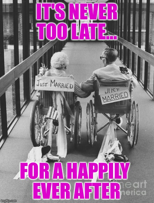 IT'S NEVER TOO LATE... FOR A HAPPILY EVER AFTER | image tagged in never too late for love | made w/ Imgflip meme maker