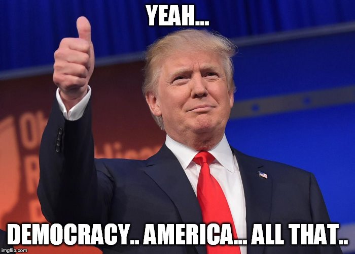 The land of democracy... | YEAH... DEMOCRACY.. AMERICA... ALL THAT.. | image tagged in donald trump,hail satan | made w/ Imgflip meme maker