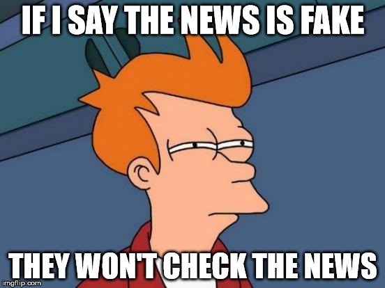 Futurama Fry Meme | IF I SAY THE NEWS IS FAKE; THEY WON'T CHECK THE NEWS | image tagged in memes,futurama fry | made w/ Imgflip meme maker