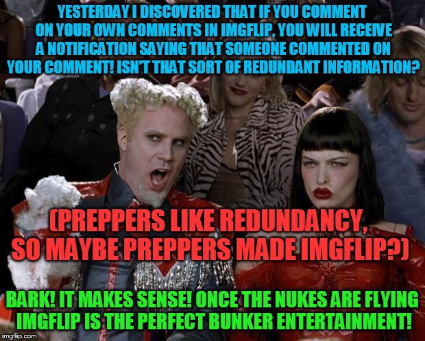 Who might be behind imgflip? | YESTERDAY I DISCOVERED THAT IF YOU COMMENT ON YOUR OWN COMMENTS IN IMGFLIP, YOU WILL RECEIVE A NOTIFICATION SAYING THAT SOMEONE COMMENTED ON YOUR COMMENT! ISN'T THAT SORT OF REDUNDANT INFORMATION? (PREPPERS LIKE REDUNDANCY, SO MAYBE PREPPERS MADE IMGFLIP?); BARK! IT MAKES SENSE! ONCE THE NUKES ARE FLYING IMGFLIP IS THE PERFECT BUNKER ENTERTAINMENT! | image tagged in slippy,slappy,fluffyknob the iii | made w/ Imgflip meme maker