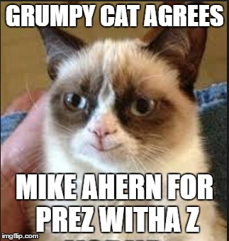 GRUMPY CAT AGREES; MIKE AHERN FOR PREZ WITHA Z | image tagged in mike,memes,meme,ahern,mike ahern,mike ahern for prez | made w/ Imgflip meme maker