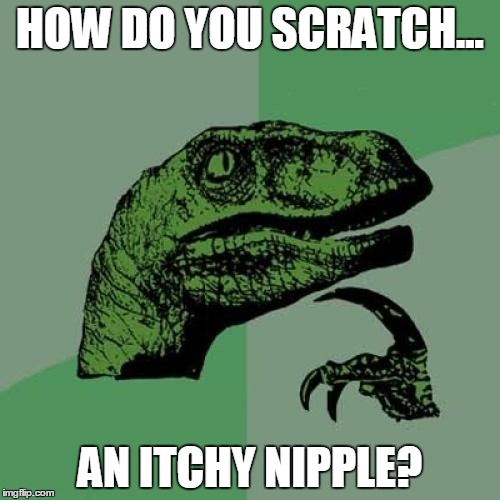 To Scratch or Not To Scratch... That is the Question! | HOW DO YOU SCRATCH... AN ITCHY NIPPLE? | image tagged in memes,philosoraptor,itchy | made w/ Imgflip meme maker