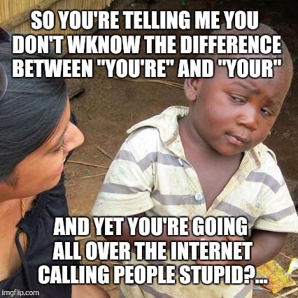 Gotta love the irony | SO YOU'RE TELLING ME YOU DON'T WKNOW THE DIFFERENCE BETWEEN "YOU'RE" AND "YOUR"; AND YET YOU'RE GOING ALL OVER THE INTERNET CALLING PEOPLE STUPID?... | image tagged in memes,third world skeptical kid,grammar nazi | made w/ Imgflip meme maker