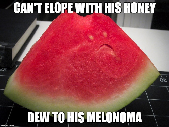 Feeling Meloncholy  | CAN'T ELOPE WITH HIS HONEY; DEW TO HIS MELONOMA | image tagged in memes,bad puns,200th feature,melon,funny,what a melon | made w/ Imgflip meme maker