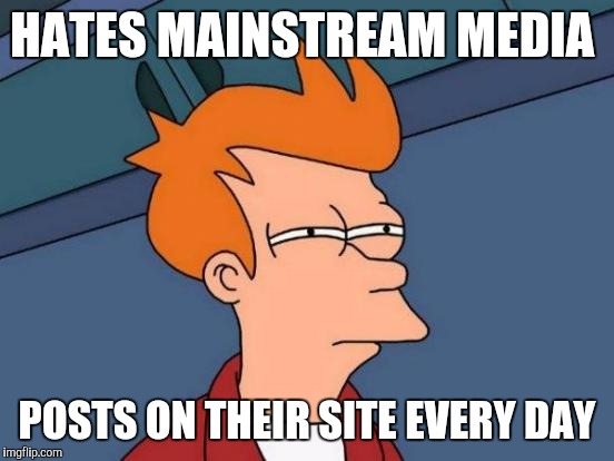 Futurama Fry Meme | HATES MAINSTREAM MEDIA; POSTS ON THEIR SITE EVERY DAY | image tagged in memes,futurama fry | made w/ Imgflip meme maker