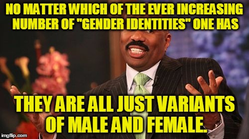 Steve Harvey Meme | NO MATTER WHICH OF THE EVER INCREASING NUMBER OF "GENDER IDENTITIES" ONE HAS THEY ARE ALL JUST VARIANTS OF MALE AND FEMALE. | image tagged in memes,steve harvey | made w/ Imgflip meme maker