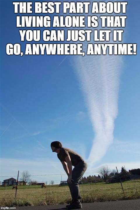 Fart Cloud | THE BEST PART ABOUT LIVING ALONE IS THAT YOU CAN JUST LET IT GO, ANYWHERE, ANYTIME! | image tagged in fart cloud | made w/ Imgflip meme maker