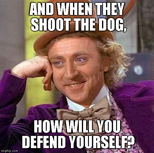 Creepy Condescending Wonka Meme | AND WHEN THEY SHOOT THE DOG, HOW WILL YOU DEFEND YOURSELF? | image tagged in memes,creepy condescending wonka | made w/ Imgflip meme maker