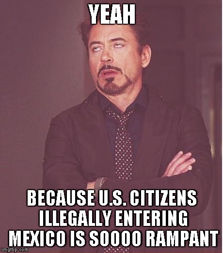 Face You Make Robert Downey Jr Meme | YEAH BECAUSE U.S. CITIZENS ILLEGALLY ENTERING MEXICO IS SOOOO RAMPANT | image tagged in memes,face you make robert downey jr | made w/ Imgflip meme maker