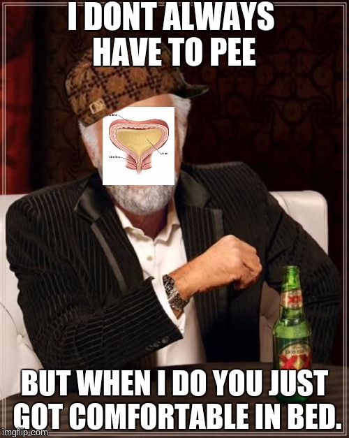 The Most Interesting Man In The World | I DONT ALWAYS HAVE TO PEE; BUT WHEN I DO YOU JUST GOT COMFORTABLE IN BED. | image tagged in memes,the most interesting man in the world,scumbag | made w/ Imgflip meme maker