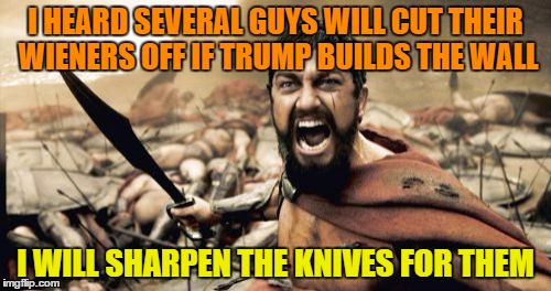 Sparta Leonidas Meme | I HEARD SEVERAL GUYS WILL CUT THEIR WIENERS OFF IF TRUMP BUILDS THE WALL; I WILL SHARPEN THE KNIVES FOR THEM | image tagged in memes,sparta leonidas | made w/ Imgflip meme maker