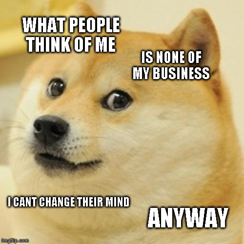 Doge | WHAT PEOPLE THINK OF ME; IS NONE OF MY BUSINESS; I CANT CHANGE THEIR MIND; ANYWAY | image tagged in memes,doge | made w/ Imgflip meme maker
