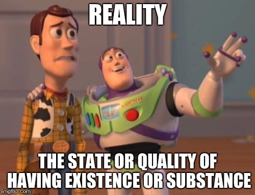 Reality real definition | REALITY; THE STATE OR QUALITY OF HAVING EXISTENCE OR SUBSTANCE | image tagged in memes,x x everywhere | made w/ Imgflip meme maker