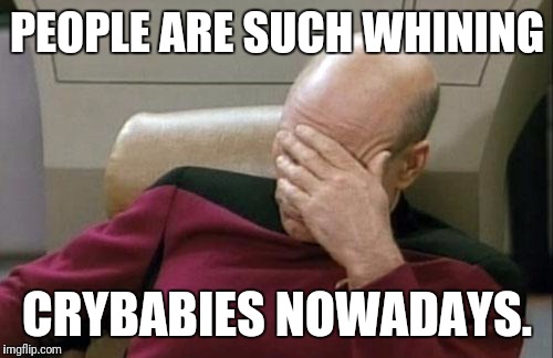 Captain Picard Facepalm Meme | PEOPLE ARE SUCH WHINING CRYBABIES NOWADAYS. | image tagged in memes,captain picard facepalm | made w/ Imgflip meme maker