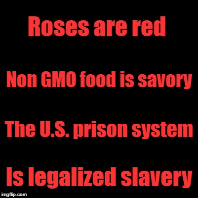 Blank | Roses are red; Non GMO food is savory; The U.S. prison system; Is legalized slavery | image tagged in blank | made w/ Imgflip meme maker