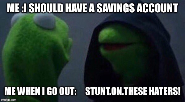 Kermit opan | ME :I SHOULD HAVE A SAVINGS ACCOUNT ME WHEN I GO OUT: 
   STUNT.ON.THESE HATERS! | image tagged in kermit opan | made w/ Imgflip meme maker
