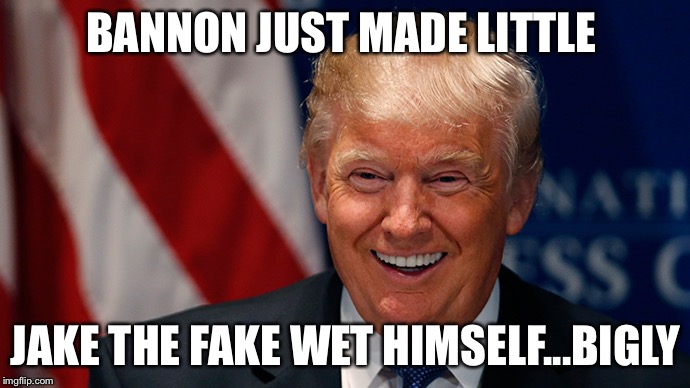 Laughing Donald Trump | BANNON JUST MADE LITTLE; JAKE THE FAKE WET HIMSELF...BIGLY | image tagged in laughing donald trump | made w/ Imgflip meme maker
