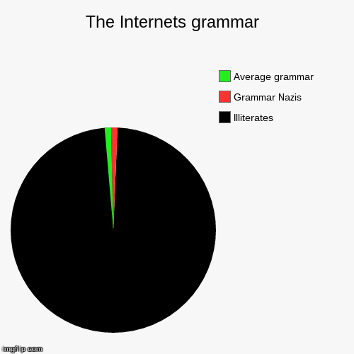The Internets grammar  | Illiterates , Grammar Nazis , Average grammar | image tagged in funny,pie charts | made w/ Imgflip chart maker