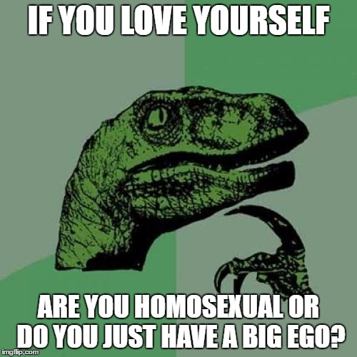 Philosoraptor | IF YOU LOVE YOURSELF; ARE YOU HOMOSEXUAL OR DO YOU JUST HAVE A BIG EGO? | image tagged in memes,philosoraptor | made w/ Imgflip meme maker