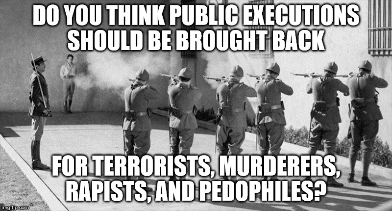 Firing Squad | DO YOU THINK PUBLIC EXECUTIONS SHOULD BE BROUGHT BACK; FOR TERRORISTS, MURDERERS, RAPISTS, AND PEDOPHILES? | image tagged in firing squad | made w/ Imgflip meme maker