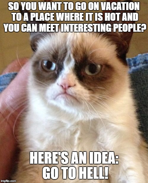 Grumpy Cat | SO YOU WANT TO GO ON VACATION TO A PLACE WHERE IT IS HOT AND YOU CAN MEET INTERESTING PEOPLE? HERE'S AN IDEA: GO TO HELL! | image tagged in memes,grumpy cat | made w/ Imgflip meme maker