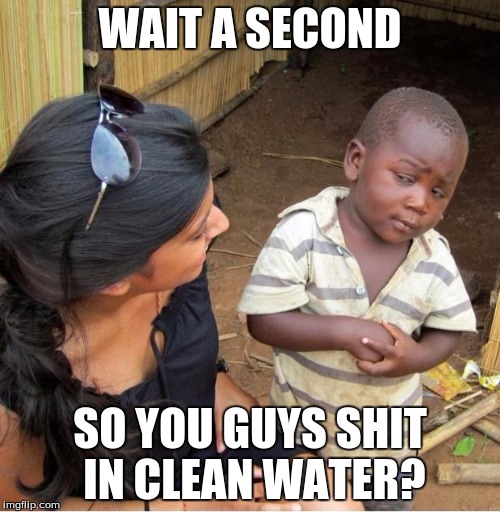 Skeptical third world kid |  WAIT A SECOND; SO YOU GUYS SHIT IN CLEAN WATER? | image tagged in skeptical third world kid | made w/ Imgflip meme maker