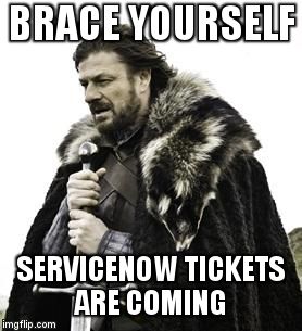 ned stark | BRACE YOURSELF; SERVICENOW TICKETS ARE COMING | image tagged in ned stark | made w/ Imgflip meme maker