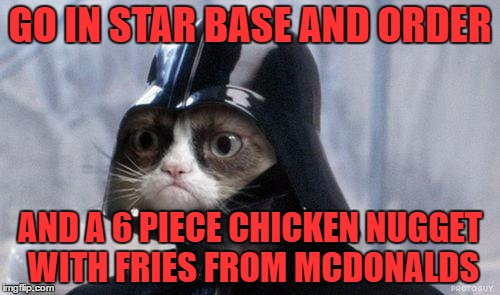 Grumpy Cat Star Wars | GO IN STAR BASE AND ORDER; AND A 6 PIECE CHICKEN NUGGET WITH FRIES FROM MCDONALDS | image tagged in memes,grumpy cat star wars,grumpy cat | made w/ Imgflip meme maker