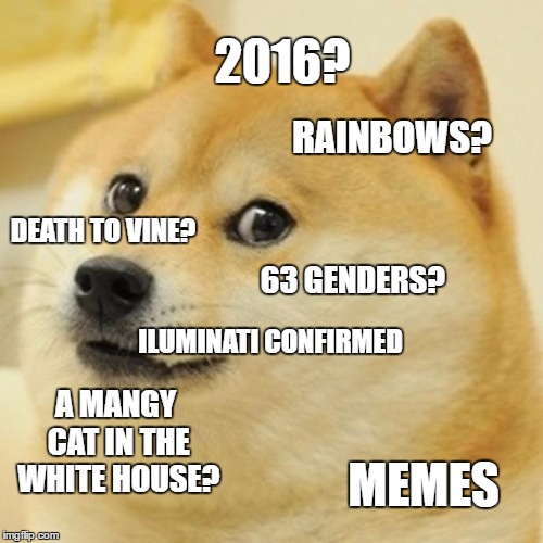 Doge Meme | 2016? RAINBOWS? DEATH TO VINE? 63 GENDERS? ILUMINATI CONFIRMED; A MANGY CAT IN THE WHITE HOUSE? MEMES | image tagged in memes,doge | made w/ Imgflip meme maker