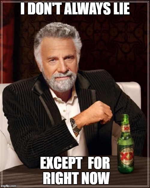 The Most Interesting Man In The World Meme | I DON'T ALWAYS LIE; EXCEPT  FOR RIGHT NOW | image tagged in memes,the most interesting man in the world | made w/ Imgflip meme maker