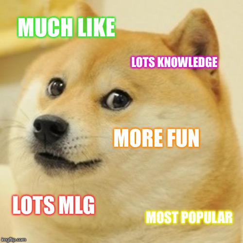 Doge Meme | MUCH LIKE; LOTS KNOWLEDGE; MORE FUN; LOTS MLG; MOST POPULAR | image tagged in memes,doge | made w/ Imgflip meme maker