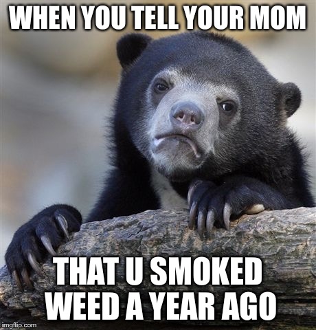 Confession Bear | WHEN YOU TELL YOUR MOM; THAT U SMOKED WEED A YEAR AGO | image tagged in memes,confession bear | made w/ Imgflip meme maker