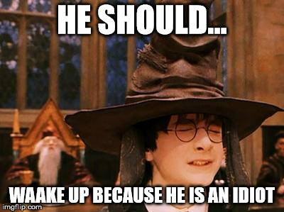 harry potter hat | HE SHOULD... WAAKE UP BECAUSE HE IS AN IDIOT | image tagged in harry potter hat | made w/ Imgflip meme maker