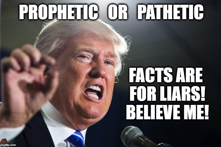 donald trump | PROPHETIC   OR   PATHETIC; FACTS ARE  FOR LIARS!  BELIEVE ME! | image tagged in donald trump,scumbag | made w/ Imgflip meme maker