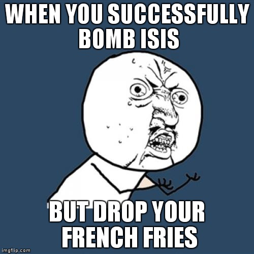 Y U No Meme | WHEN YOU SUCCESSFULLY BOMB ISIS; BUT DROP YOUR FRENCH FRIES | image tagged in memes,y u no | made w/ Imgflip meme maker