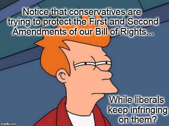 Futurama Fry Meme | Notice that conservatives are trying to protect the First and Second Amendments of our Bill of Rights... While liberals keep infringing on them? | image tagged in memes,futurama fry,liberals,conservatives,second amendment,religious freedom | made w/ Imgflip meme maker