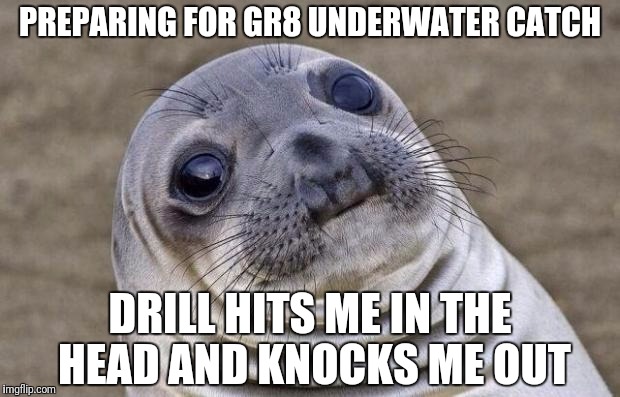 Awkward Moment Sealion Meme | PREPARING FOR GR8 UNDERWATER CATCH DRILL HITS ME IN THE HEAD AND KNOCKS ME OUT | image tagged in memes,awkward moment sealion | made w/ Imgflip meme maker