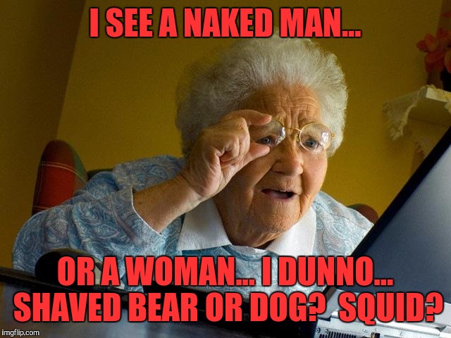 Grandma Finds The Internet | I SEE A NAKED MAN... OR A WOMAN... I DUNNO... SHAVED BEAR OR DOG?  SQUID? | image tagged in memes,grandma finds the internet | made w/ Imgflip meme maker